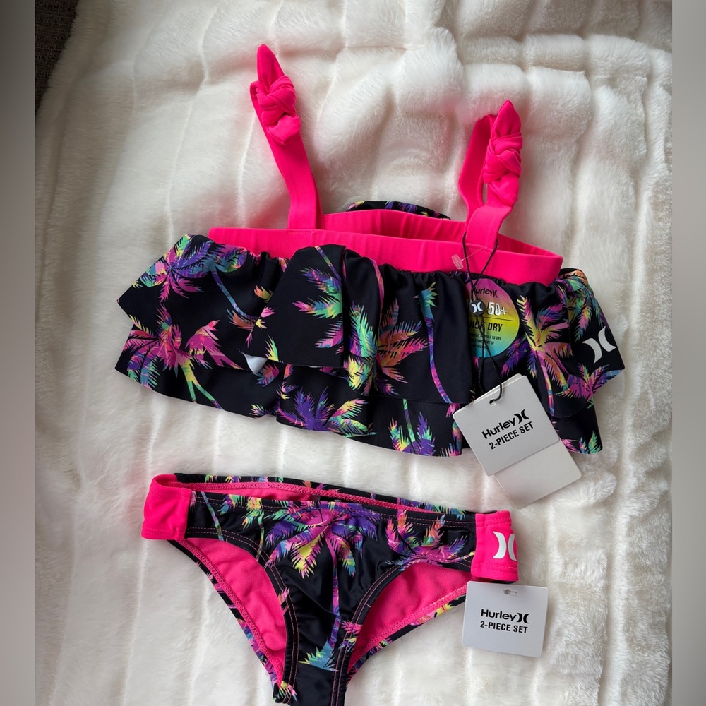 NWT! Hurley Kids Swim Bikini - Pink & Black palm trees neon.